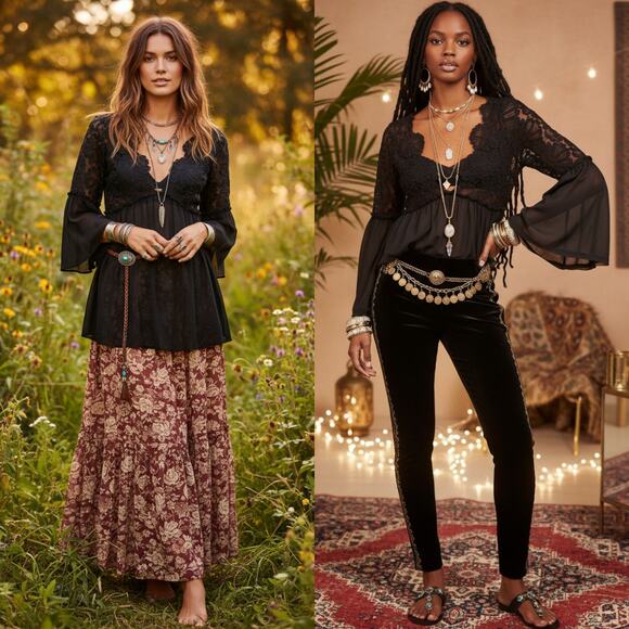 NEW Free People Magdalene Crochet Tunic Lace Top Black Small Boho Femme Goth - Picture 1 of 11